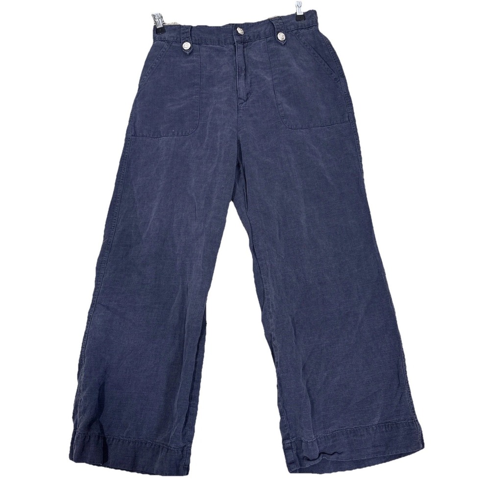 Cynthia Rowley Wide Leg Cropped Linen Blend Pants Womens 8 Nautical Coastal Blue